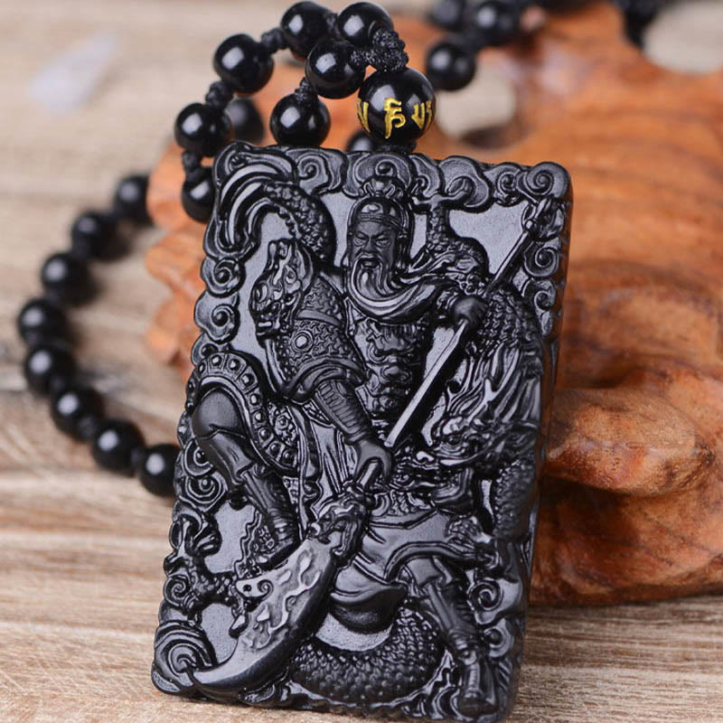 Black Obsidian Guan Gong Strength Necklace Pendant