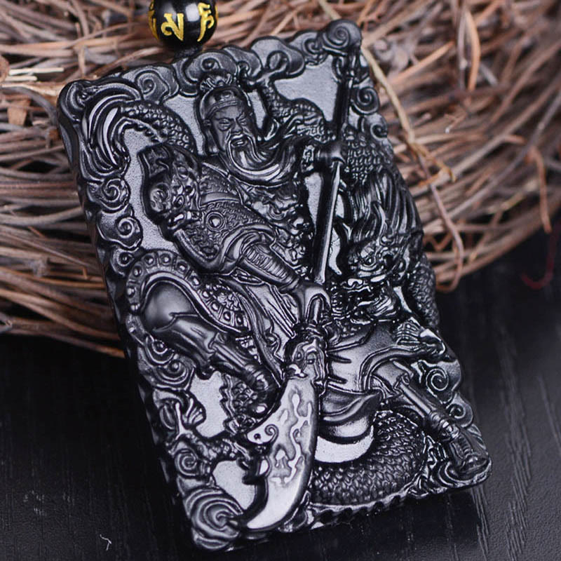 Black Obsidian Guan Gong Strength Necklace Pendant
