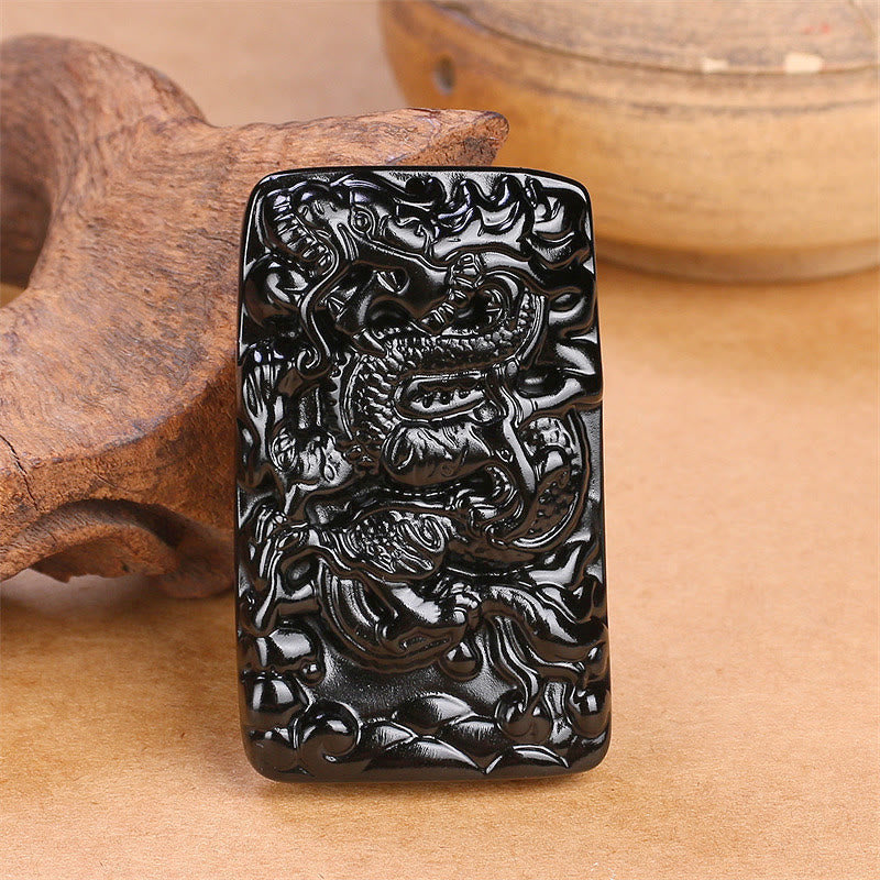 Black Obsidian Dragon Pendant Necklace for Success & Protection