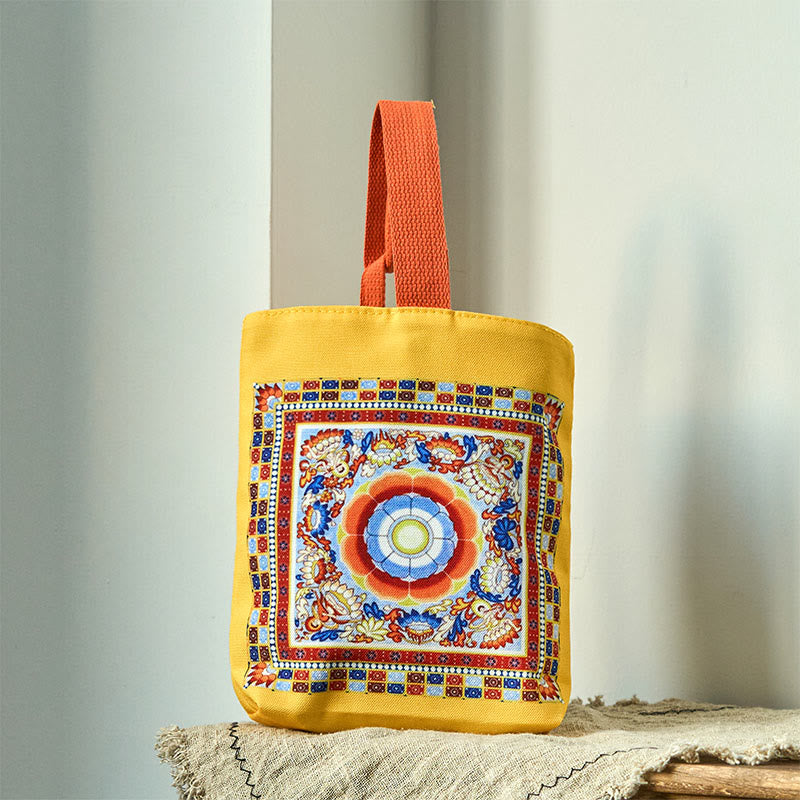 Dunhuang Canvas Handbag with Lotus & Buddha Statues 15cm