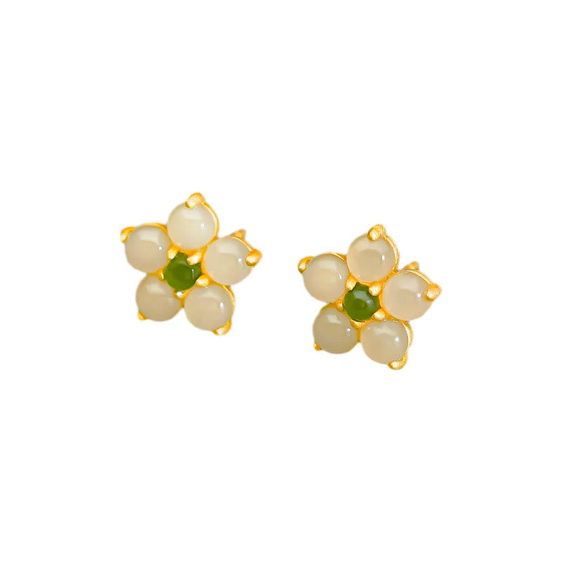Sterling Silver Hetian Jade Luck Flower Stud Earrings