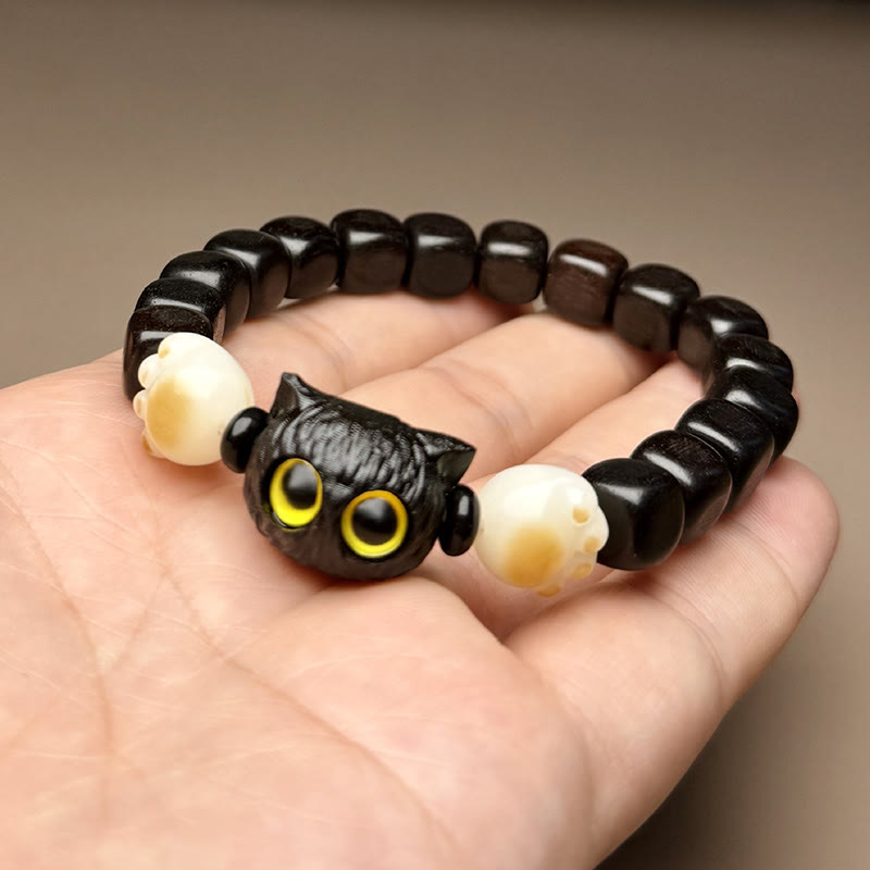 Bodhi Seed Ebony Wood Cat Peace Bracelet 14-16cm