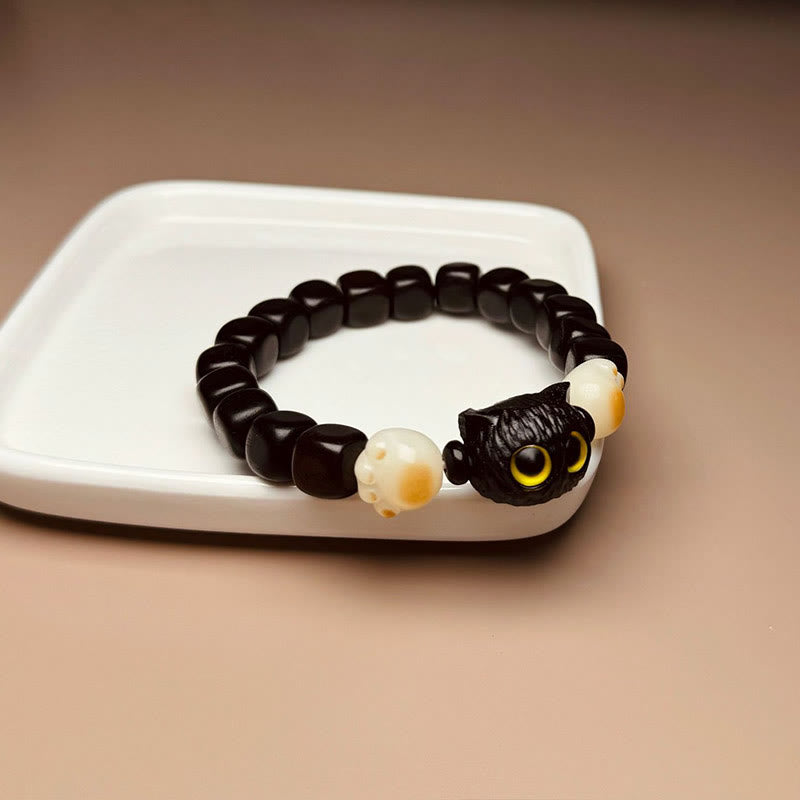 Bodhi Seed Ebony Wood Cat Peace Bracelet 14-16cm
