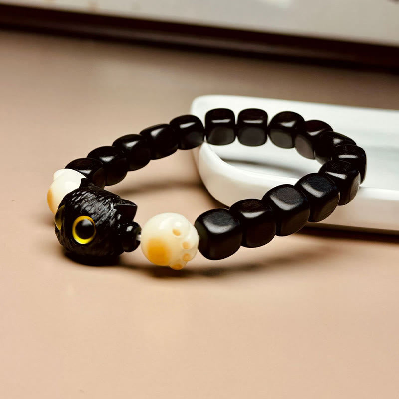 Bodhi Seed Ebony Wood Cat Peace Bracelet 14-16cm