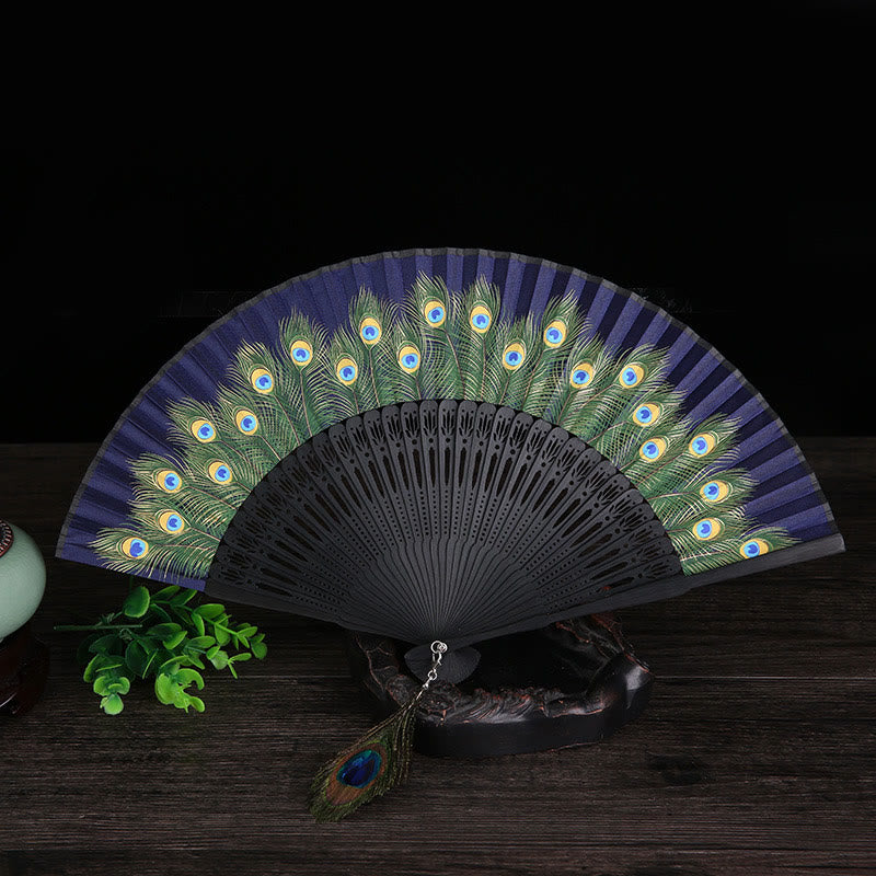 21.5cm Peacock Feather Bamboo Folding Fan for Meditation