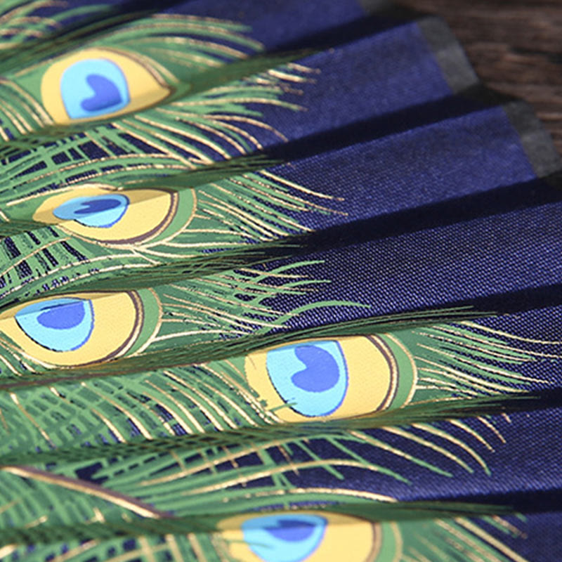 21.5cm Peacock Feather Bamboo Folding Fan for Meditation