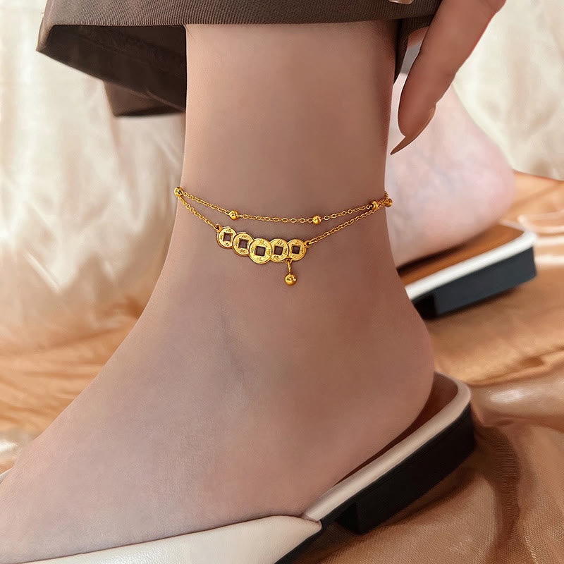 Copper Coins Spiritual Titanium Steel Anklet for Wealth