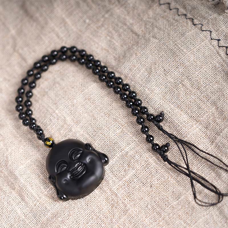 Black Obsidian Laughing Buddha Spiritual Protection Necklace