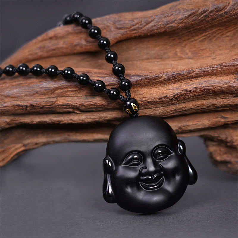 Black Obsidian Laughing Buddha Spiritual Protection Necklace