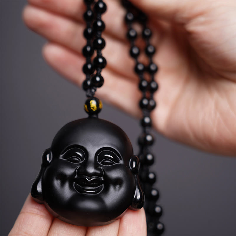 Black Obsidian Laughing Buddha Spiritual Protection Necklace
