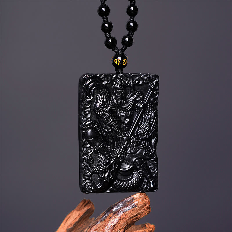 Black Obsidian Guan Gong Strength Necklace Pendant