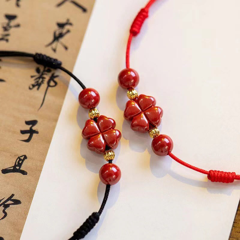 Cinnabar Four Leaf Clover Blessing String Anklet 30cm