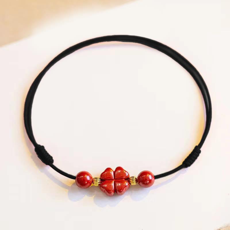 Cinnabar Four Leaf Clover Blessing String Anklet 30cm