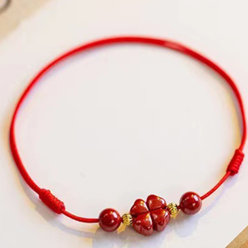 Cinnabar Four Leaf Clover Blessing String Anklet 30cm