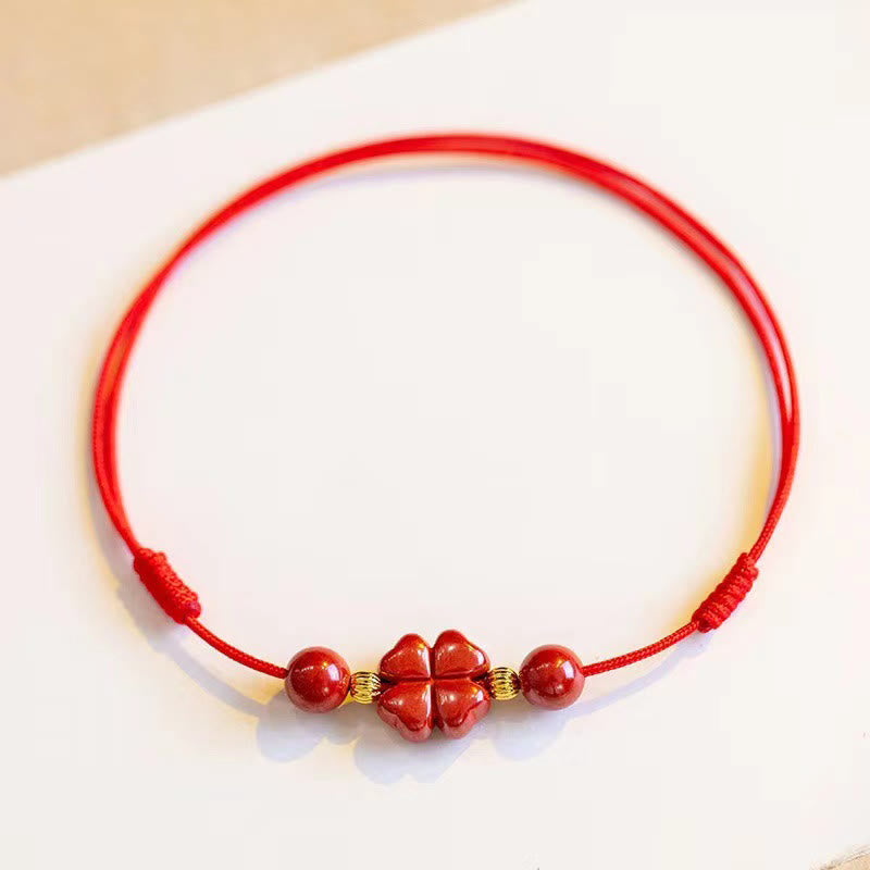 Cinnabar Four Leaf Clover Blessing String Anklet 30cm
