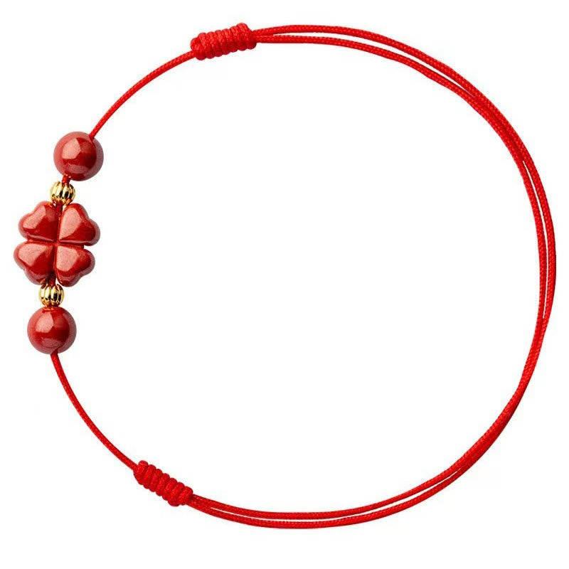 Cinnabar Four Leaf Clover Blessing String Anklet 30cm