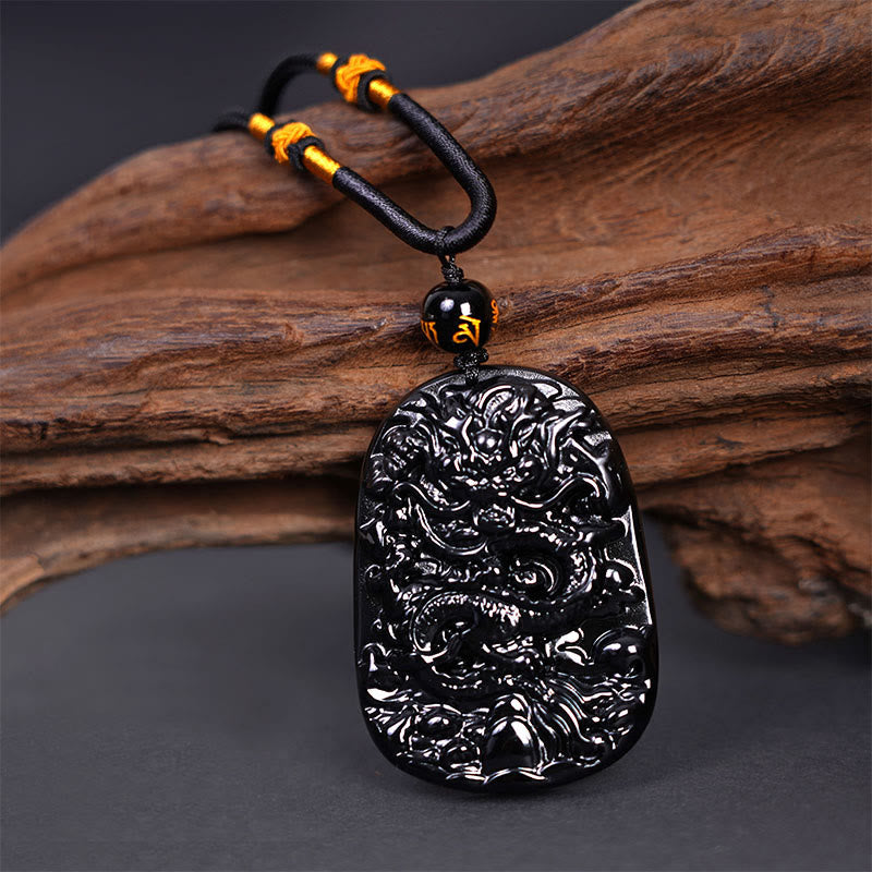 Black Obsidian Dragon Carved Necklace for Luck & Protection
