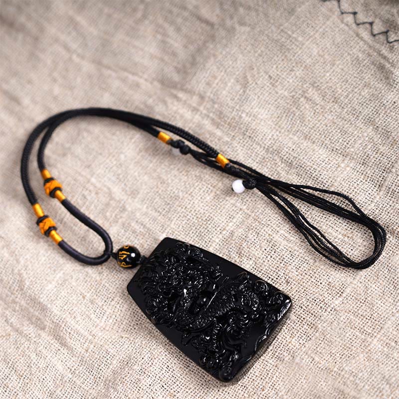 Black Obsidian Dragon Carved Necklace for Luck & Protection