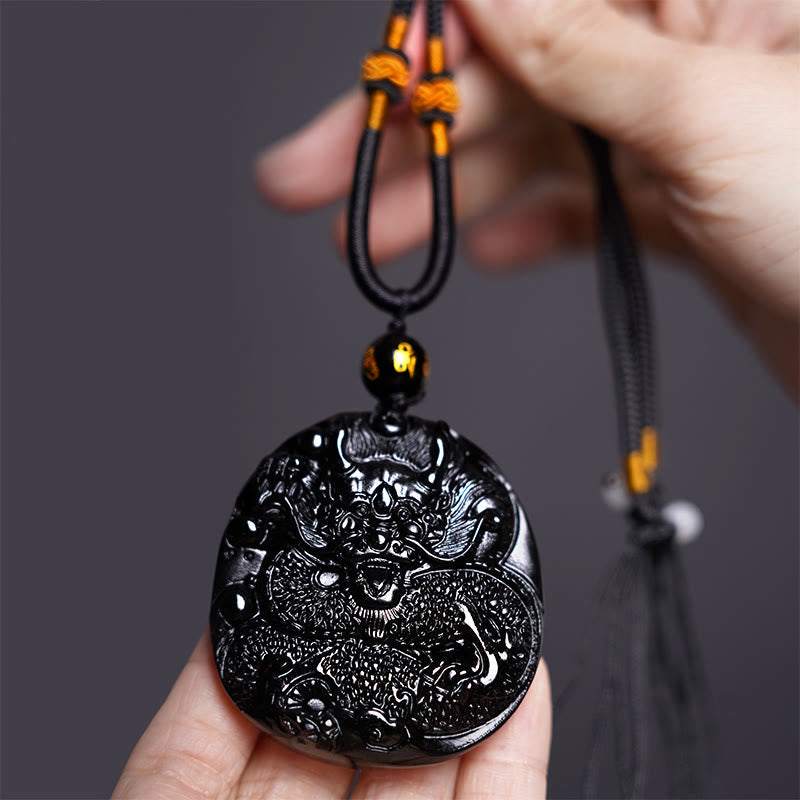 Black Obsidian Dragon Necklace for Protective Strength