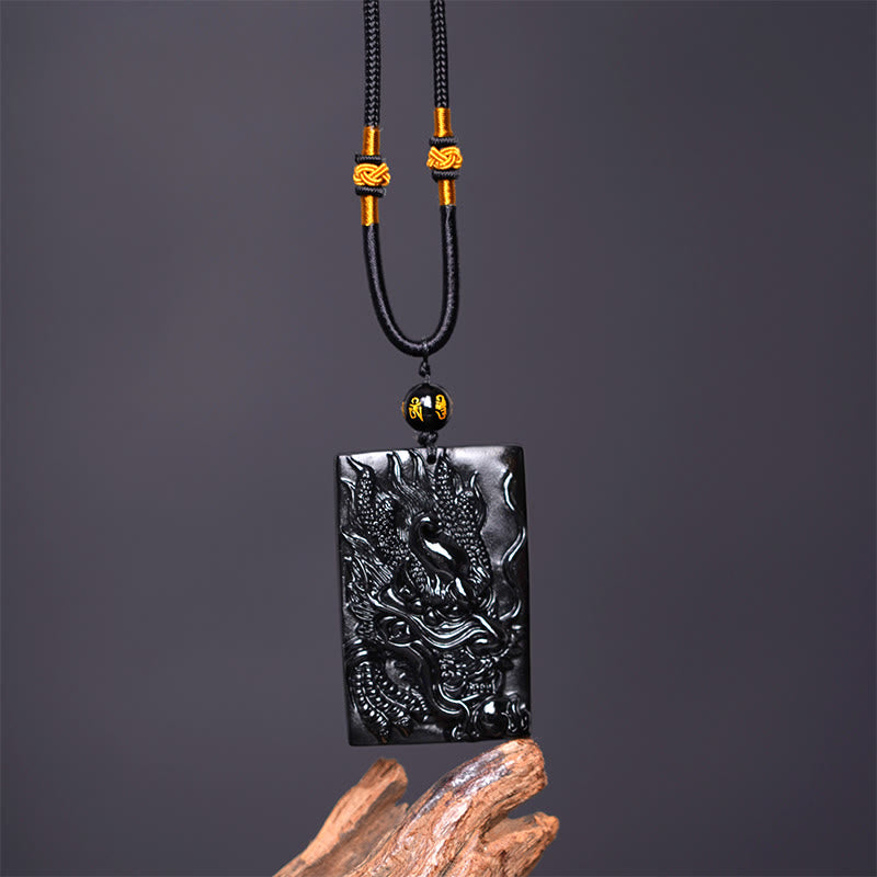 Black Obsidian Dragon Pendant Necklace for Success & Protection