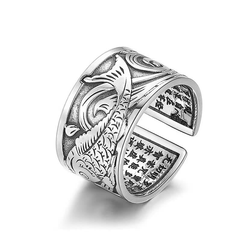 Adjustable Copper Koi Fish Ring with Heart Sutra for Luck & Wealth