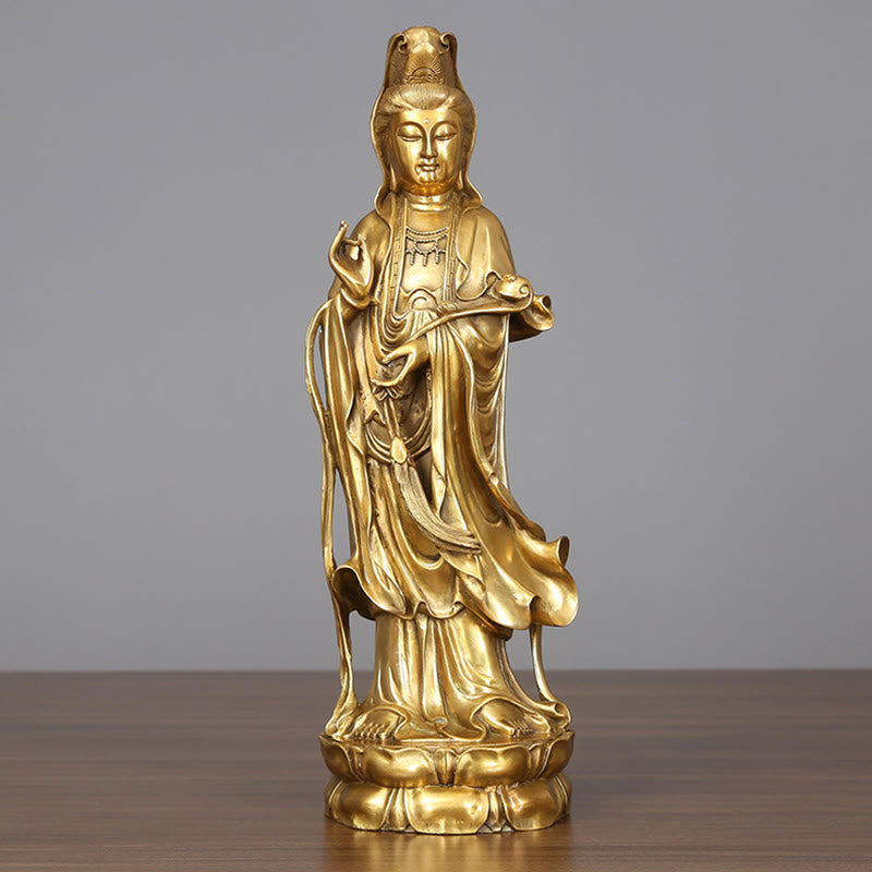 Large Golden Avalokitesvara Buddha Statue 14x44.5cm Copper Brass