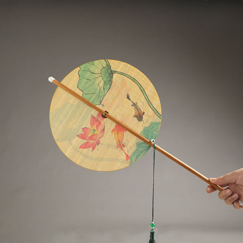 Handmade Bamboo Folding Fan 24cm with Koi Fish Lotus Design