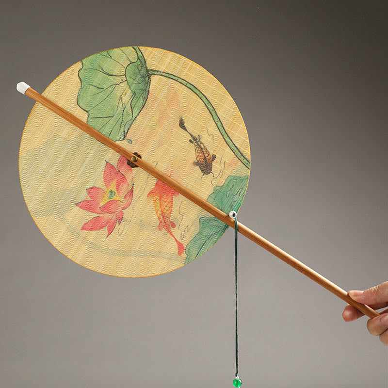 Handmade Bamboo Folding Fan 24cm with Koi Fish Lotus Design