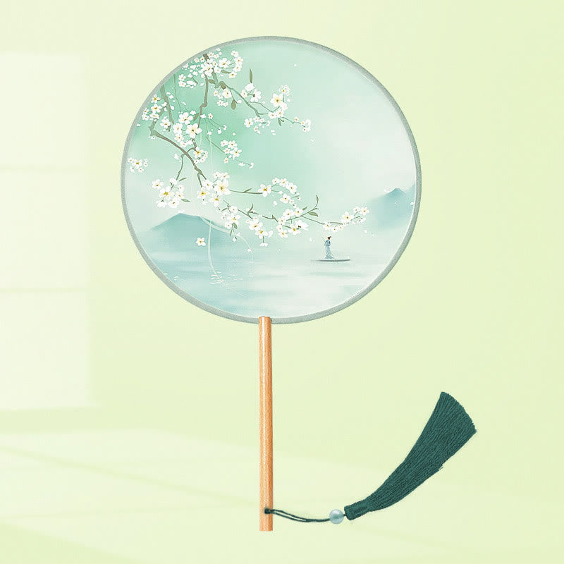 21cm Wooden Chinese Folding Fan With Koi Fish & Cherry Blossom Designs