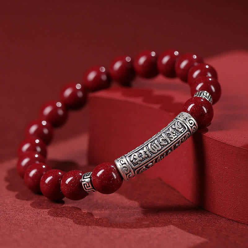 8mm Cinnabar Blessing Bracelet with Silver Six True Words Charm