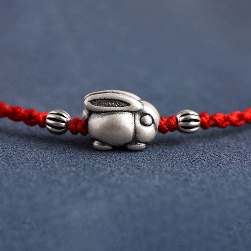 Sterling Silver Red String Bracelet with Rabbit Charm for Luck