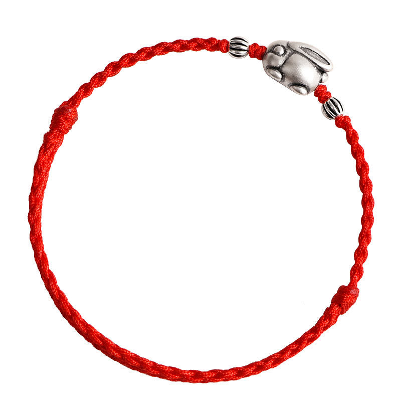 Sterling Silver Red String Bracelet with Rabbit Charm for Luck