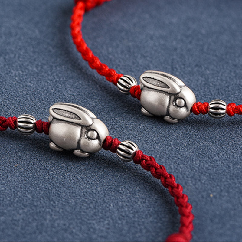 Sterling Silver Red String Bracelet with Rabbit Charm for Luck