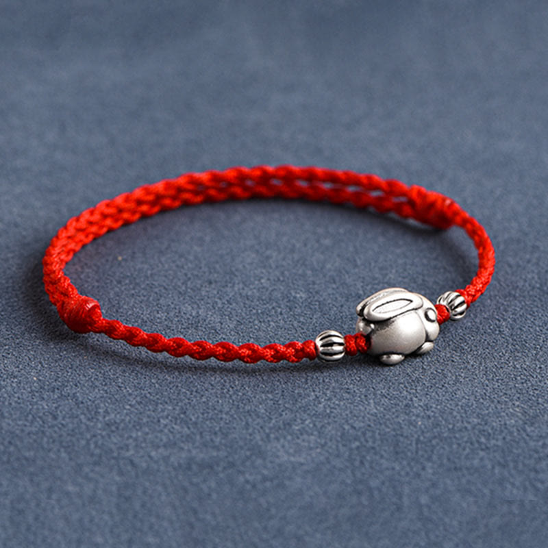 Sterling Silver Red String Bracelet with Rabbit Charm for Luck