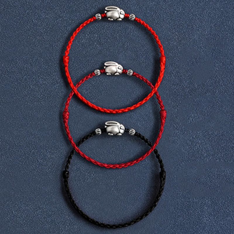 Sterling Silver Red String Bracelet with Rabbit Charm for Luck