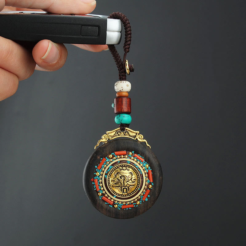 Tibetan Ebony Wood Peace Key Chain with Om Mani Padme Hum Symbol