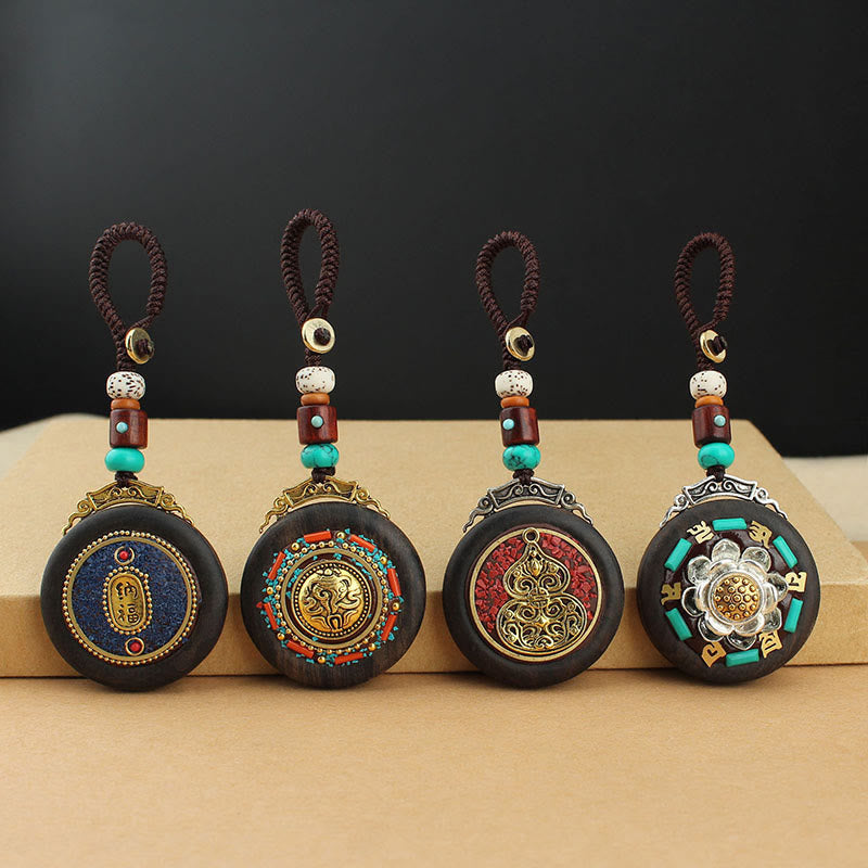 Tibetan Ebony Wood Peace Key Chain with Om Mani Padme Hum Symbol