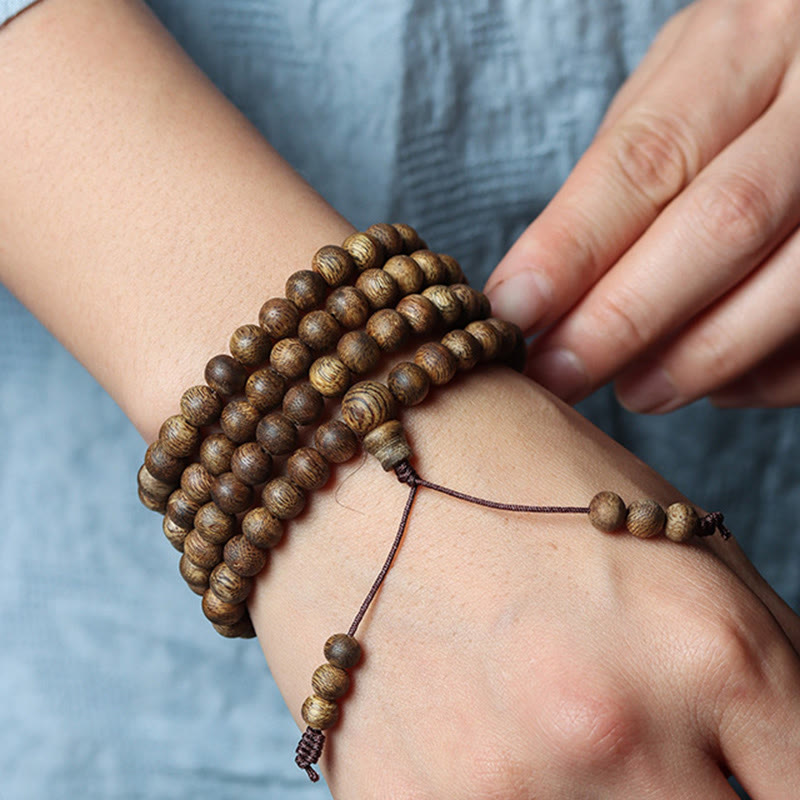 108 Wood Mala Bracelet in Green Qinan Agarwood for Peace & Strength