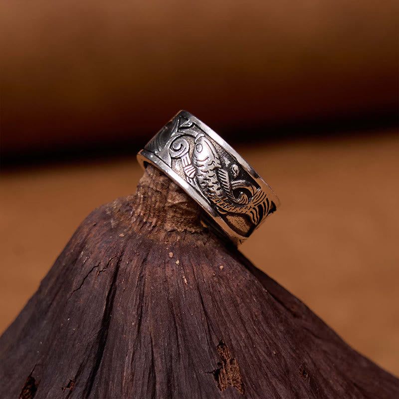 Adjustable Copper Koi Fish Ring with Heart Sutra for Luck & Wealth