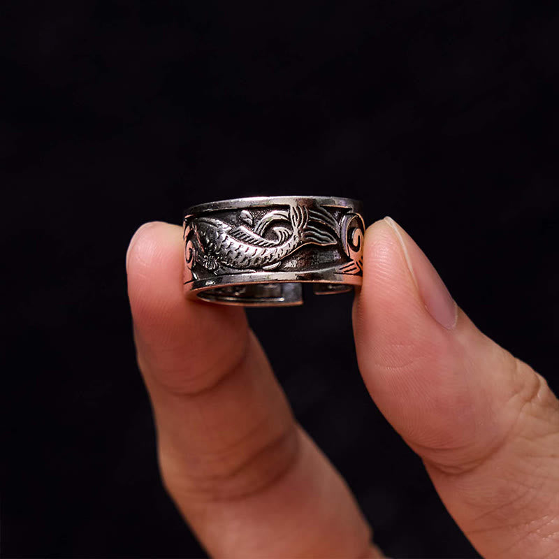 Adjustable Copper Koi Fish Ring with Heart Sutra for Luck & Wealth