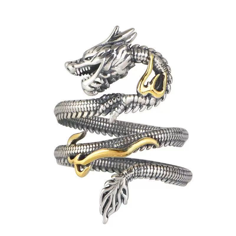 Vintage Dragon Pattern Copper Protection Ring Adjustable