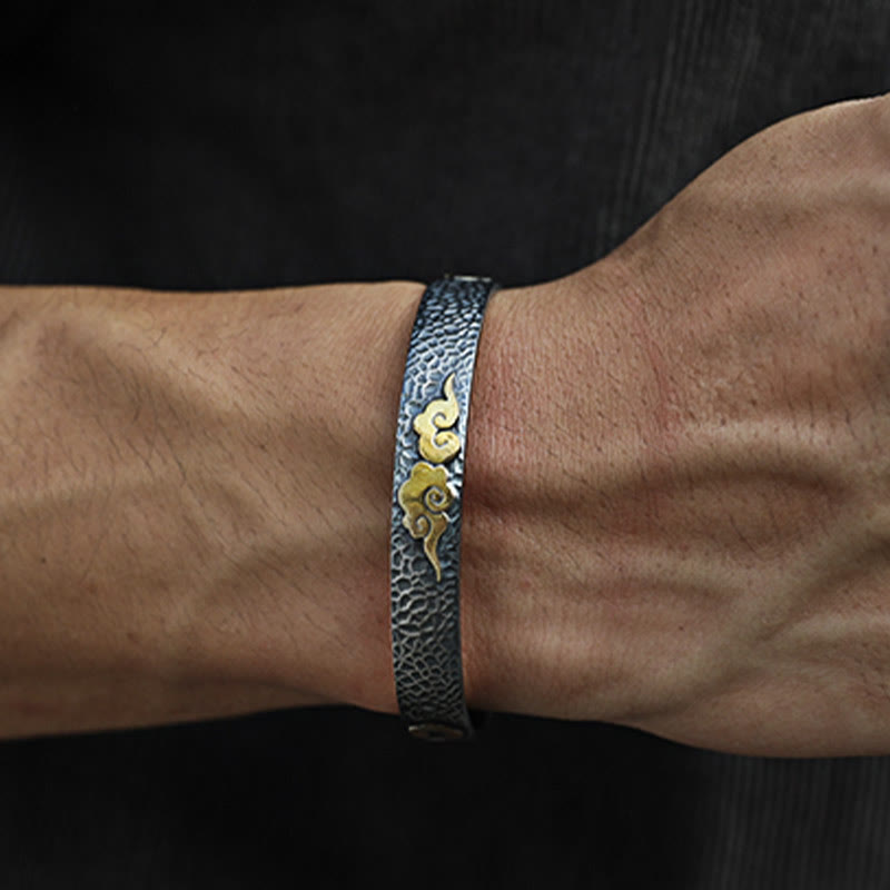 Sterling Silver Heart Sutra Cuff Bracelet for Spiritual Protection and Wealth