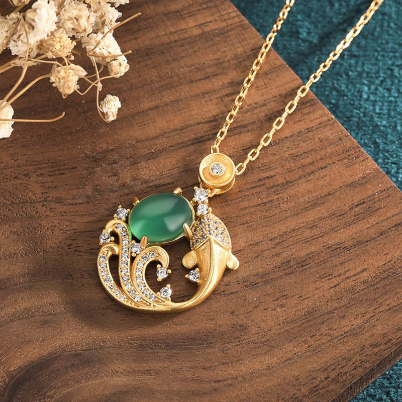 Green Chalcedony Koi Fish Necklace for Strength & Courage