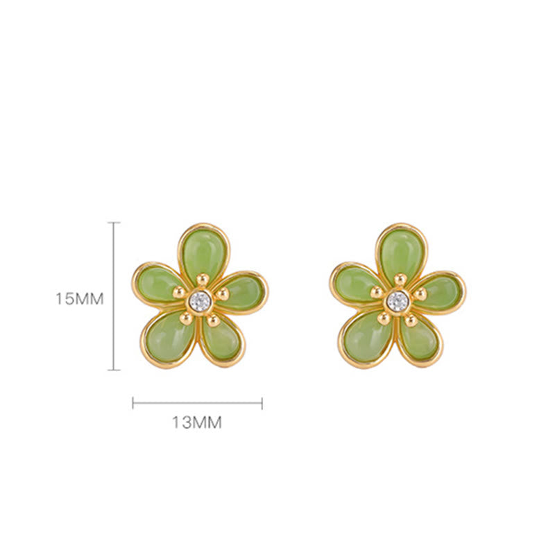 Sterling Silver Hetian Jade Flower Earrings for Abundance & Luck