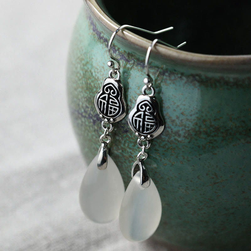 52mm Chalcedony Fu Character Positive Harmony Spiritual Earrings
