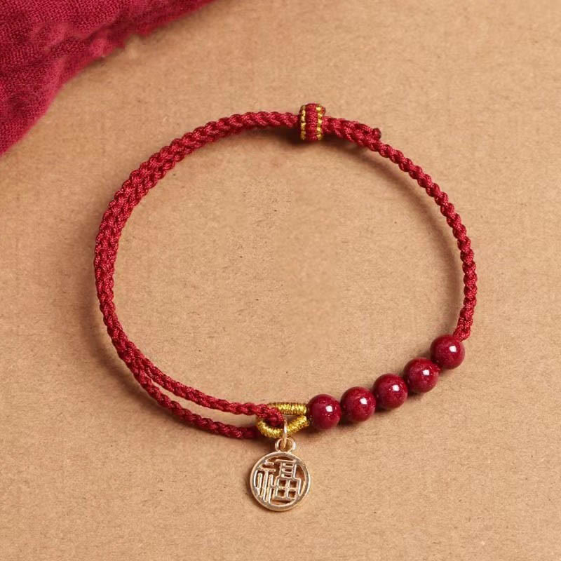 Cinnabar Fu Character Blessing Bracelet With Red String