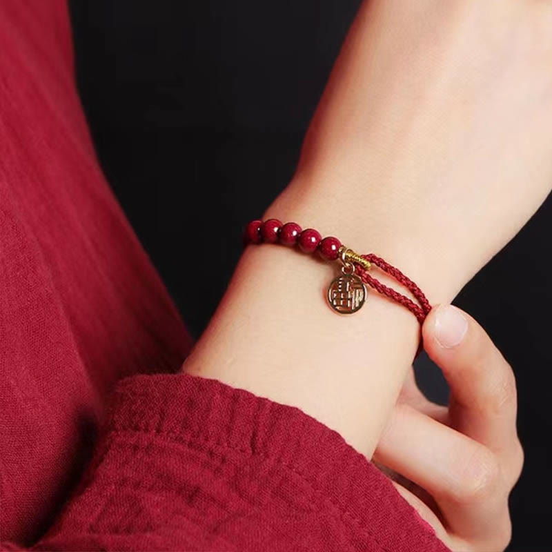 Cinnabar Fu Character Blessing Bracelet With Red String