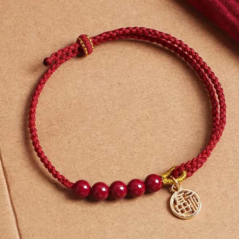 Cinnabar Fu Character Blessing Bracelet With Red String