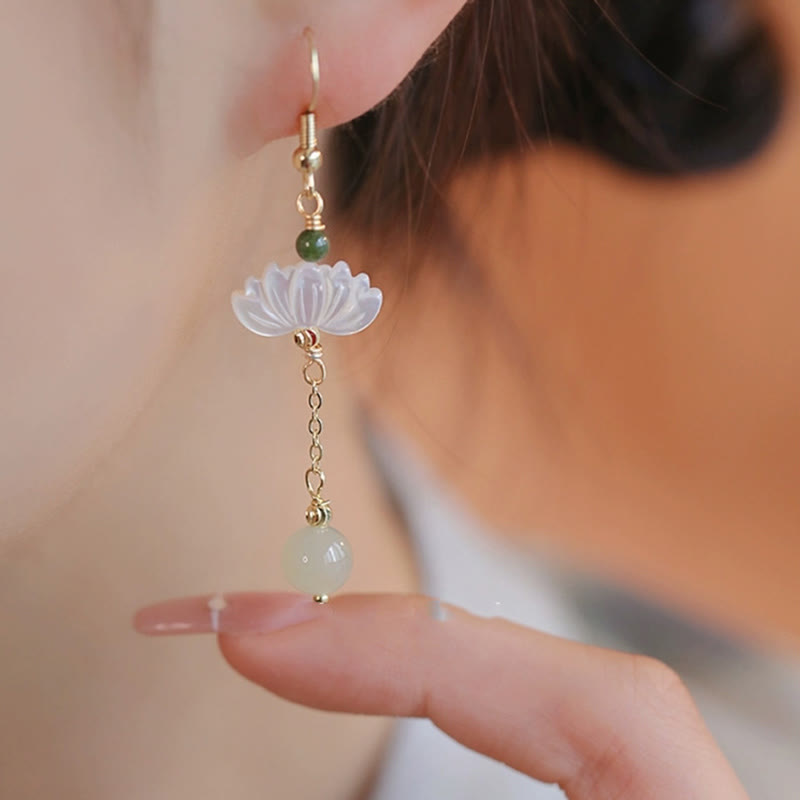 8mm Hetian Jade Lotus Prosperity Earrings