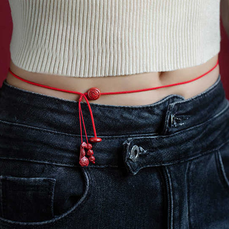 Natural Cinnabar Red String Belly Chain with Ruyi & Fu
